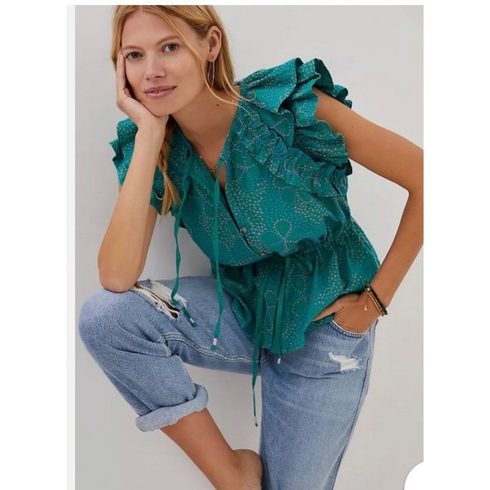 Maeve Anthropologie Emerald Green Embroidered Ruffle Sleeve Peplum Top L - Picture 3 of 8
